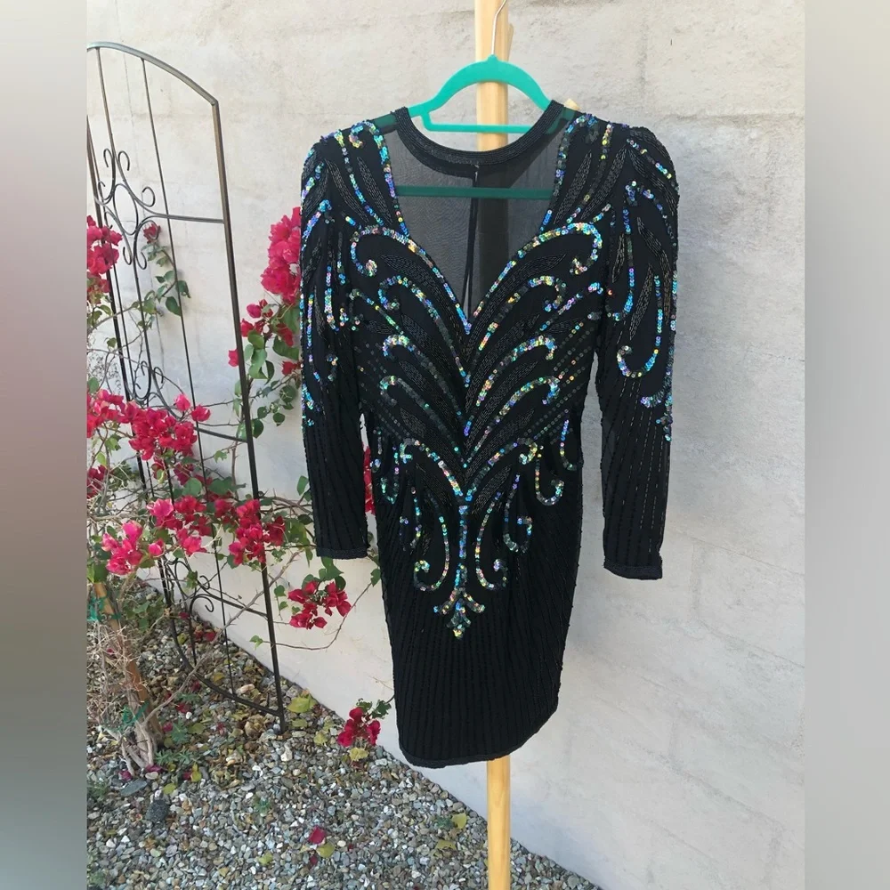 Vintage  mesh sequin beaded silk mini dress with long sleeve holiday sparkle - Picture 10 of 16